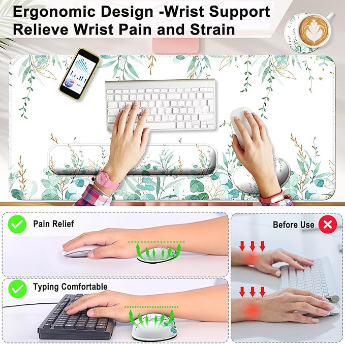 Keyboard Wrist Rest + Mouse Pad with Wrist Support + Desk Mat + Coaster 4 in 1 Set XXL Large Gaming Mousepad Cute Ergonomic Mouse Pads for Desk Computer Laptop Office Decor-Eucalyptus