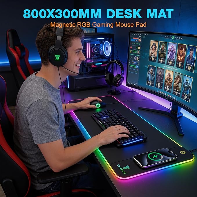 TARKARI Magnetic Wireless Charging RGB Mouse Pad Large Gaming Desk Mat 31.5x11.8 Waterproof Mousepad Ultra-Smooth Surface Non-Slip Rubber Base Desk Pad for Keyboard Laptop