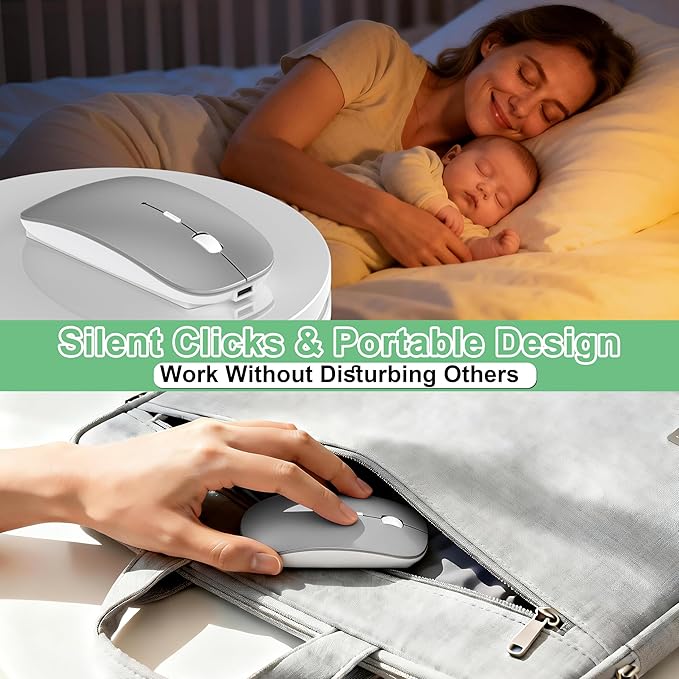 Wireless Mouse for Laptop/MacBook Air/Pro &amp iPad Mouse Jiggler Mode Bluetooth 5.2/2.4G Rechargeable Silent Click 3-Level DPI Slim Portable USB-A&ampC Receiver (Mouse Jiggler Mode Silver)