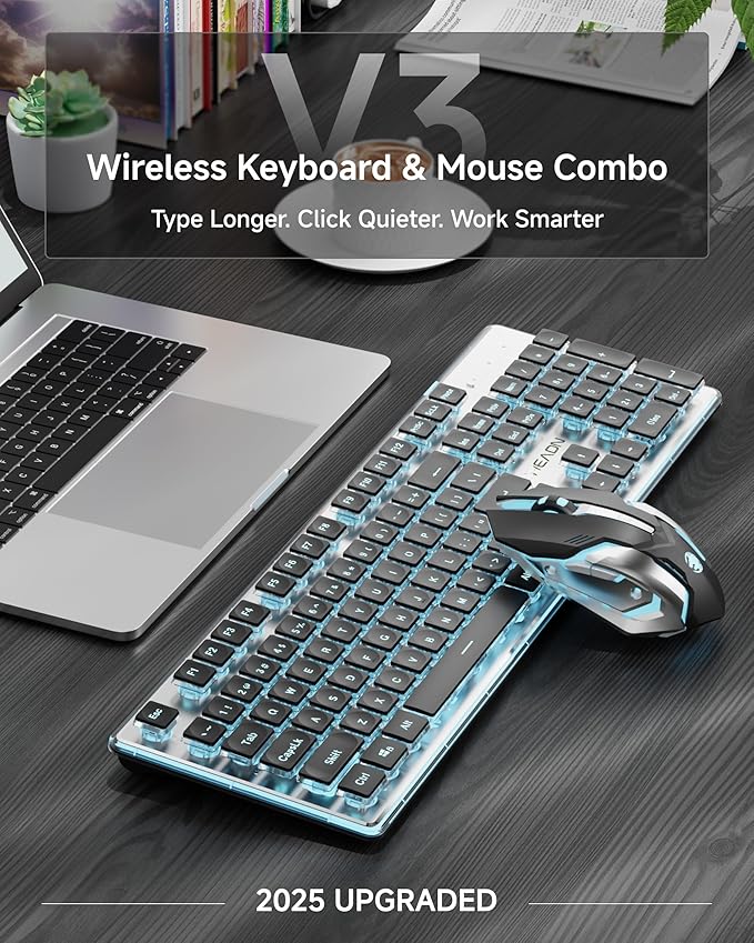 EWEADN V3 Wireless Keyboard and Mouse with Blue Backlit Metal Panel Bluetooth/2.4G Rechargeable Computer Keyboard and Mouse Combo Silent Lighted Full Size Cordless Keyboards-Black