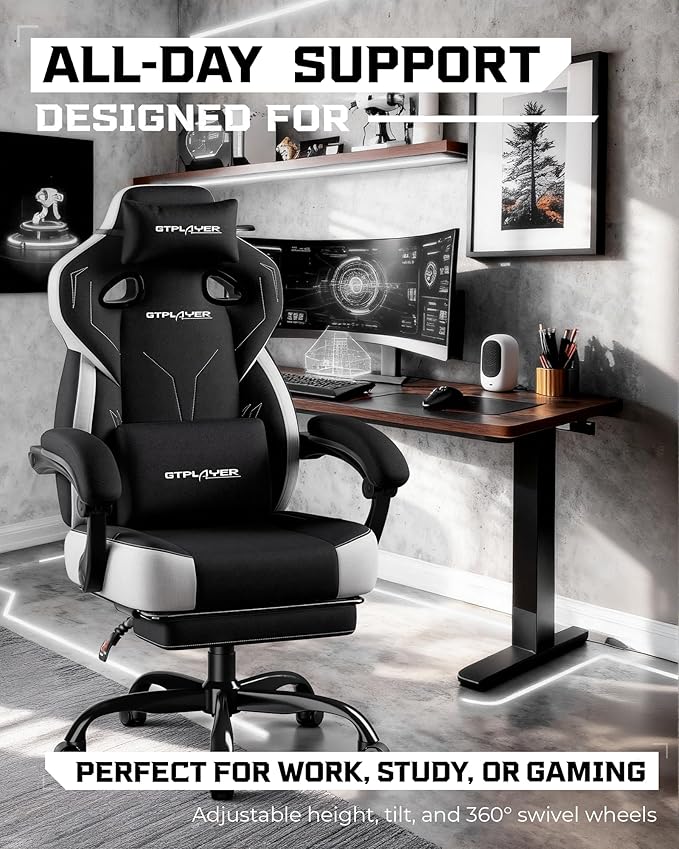 GTPLAYER Gaming Chair Computer Chair with Footrest and Lumbar Support for Adults 360°-Swivel Big &amp Tall Reclining Seat for Office or Gaming (Black)