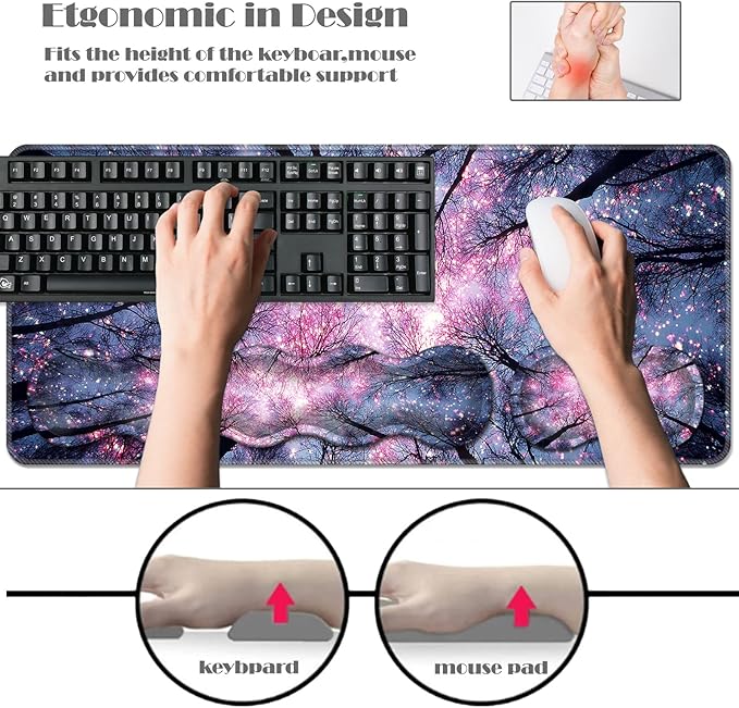 Ergonomic Keyboard Wrist Rest &amp Mouse Pad Wrist Rest SetXL Gaming Desk Mat 31.5x 11.8Non-Slip BaseMemory FoamEasy Typing Pain Relief for Office &amp HomeStarry Night Tree Branches