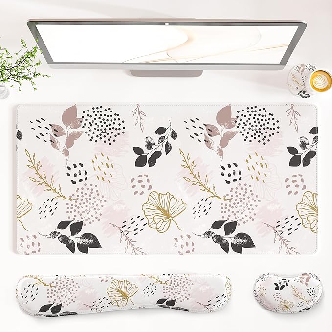 QIYI Leather Desk Mat Set 4-in-1 Large Mouse Pad with Wrist Rest Non-Slip Desk Pad + Keyboard Wrist Rest + Mouse Wrist Support + Coaster Office Desk Accessories Home Decor Supplies Botanical Leaf