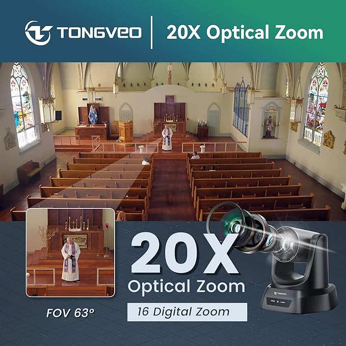 TONGVEO 4K AI PTZ Camera with Auto Tracking and 20X Optical Zoom Conference Room Webcam with HDMI/USB3.0/LAN/PoE Ideal for Church Worship Zoom Meetings Live Streaming and Education