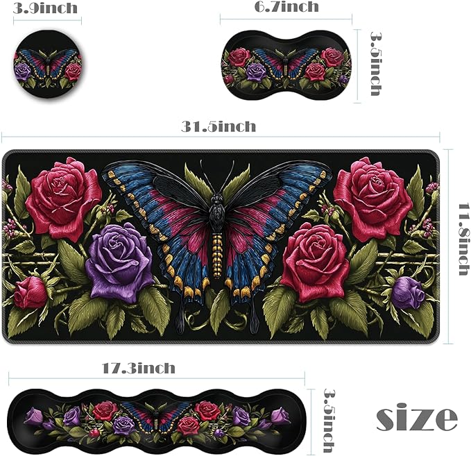 Ergonomic Keyboard Wrist Rest &amp Mouse Pad Wrist Rest SetXL Gaming Desk Mat 31.5x 11.8Non-Slip BaseMemory FoamEasy Typing Pain Relief for Office &amp HomeBlue Butterfly with Red Roses