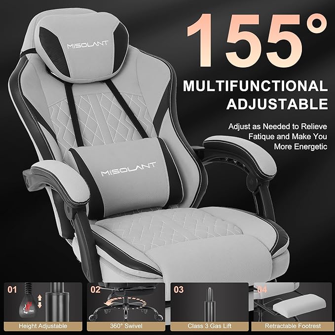 Misolant Gaming Chair Fabric Gamer Chair with footrest for Adults High Back Ergonomic Computer Game Chair with Adjustable Headrest and Massage Lumbar Support 90-155° Recline Free Gray
