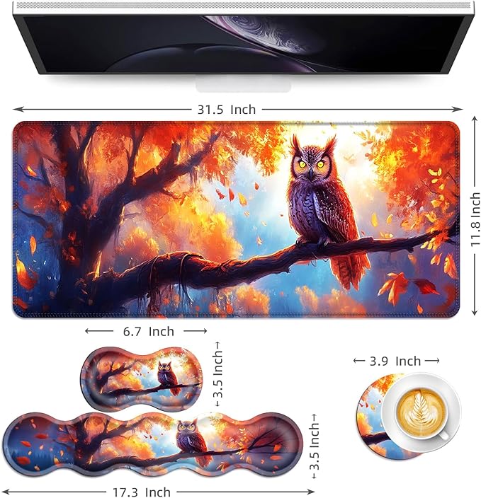 Keyboard Mouse Pad Set Extended Gaming Mouse Pad+Ergonomics Keyboard Wrist Rest Support Memory Foam Easy Typing Pain Relief 4Pcs XL Ultra Thick Desk MatAutumn Owl Falling Leaves