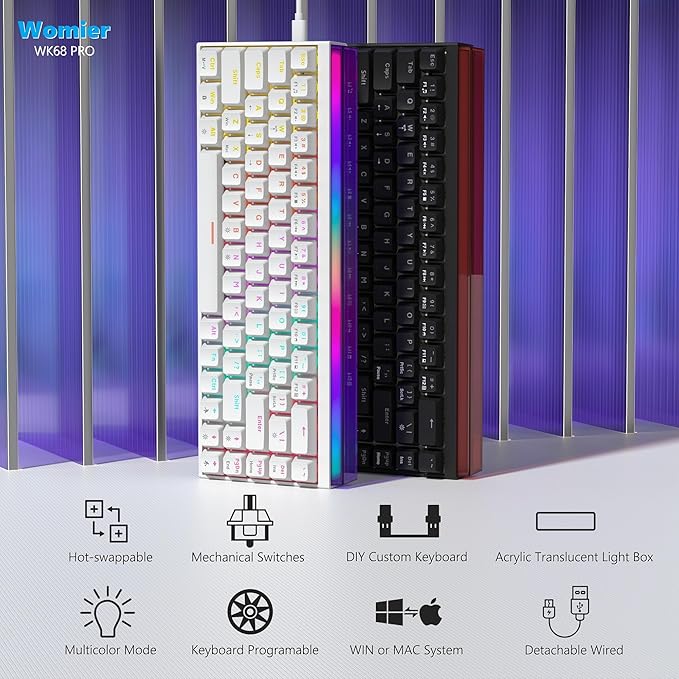 Womier 60% Percent Keyboard with Light Box Wired Keyboard Gaming Mechanical with MCA Keycaps OEM Profile Programable 64 Keys Hot Swap RGB Cream Key Board for PC Computer Win/MAC (WK68 PRO-White)