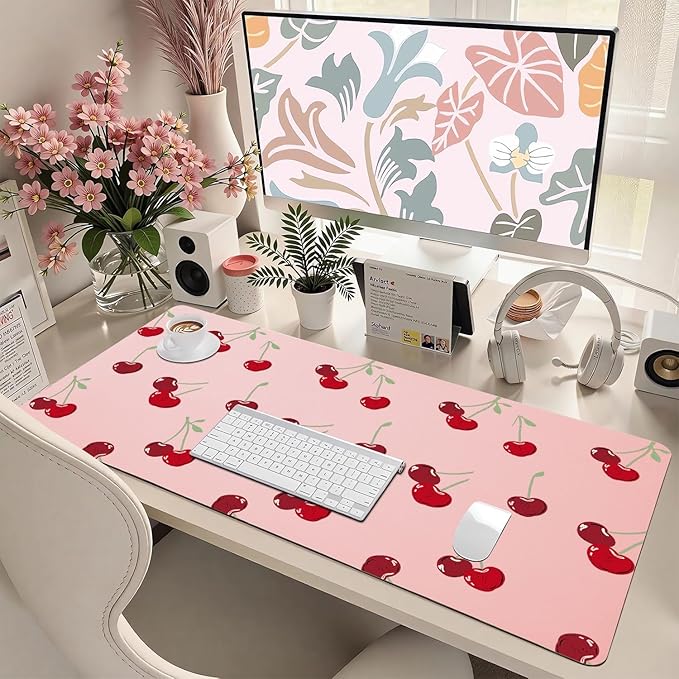Cute Kawaii Cherry Office Desk Mat 23.6''X11.8''Pretty Design Desktop Mat Pu Leather Large Mouse Pad Aesthetic Mousepad Non-Slip Table Mat for Girls Women Home Work Computer Game