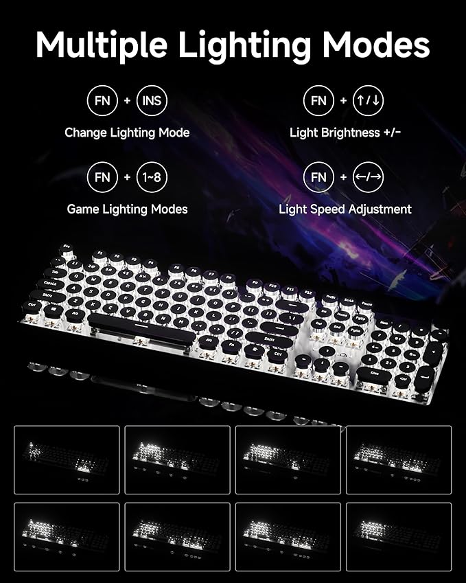EWEADN Typewriter Style Mechanical Keyboard Wired Typewriter Keyboards104 Keys Backlit LED Metal Keyboards Media Control Knob Wired Computer Keyboard White Switch for Windows/Mac/PC-White