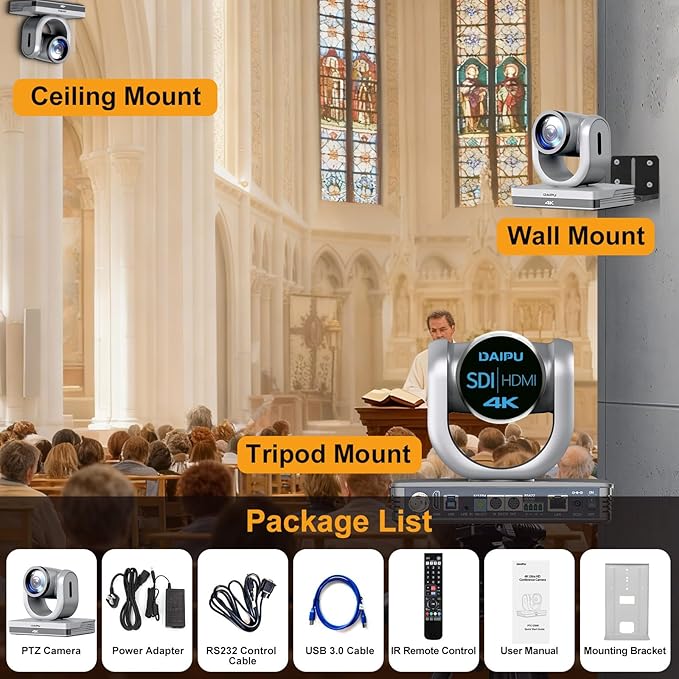 PTZ Camera 4K 20X Optical Zoom Conference Room Camera HDMI USB3.0 SDI LAN PoE 1/2.8 8.51 MP CMOS Sensor AI Auto Tracking 255 Presets for Church Worship Live Streaming Business Video Conference
