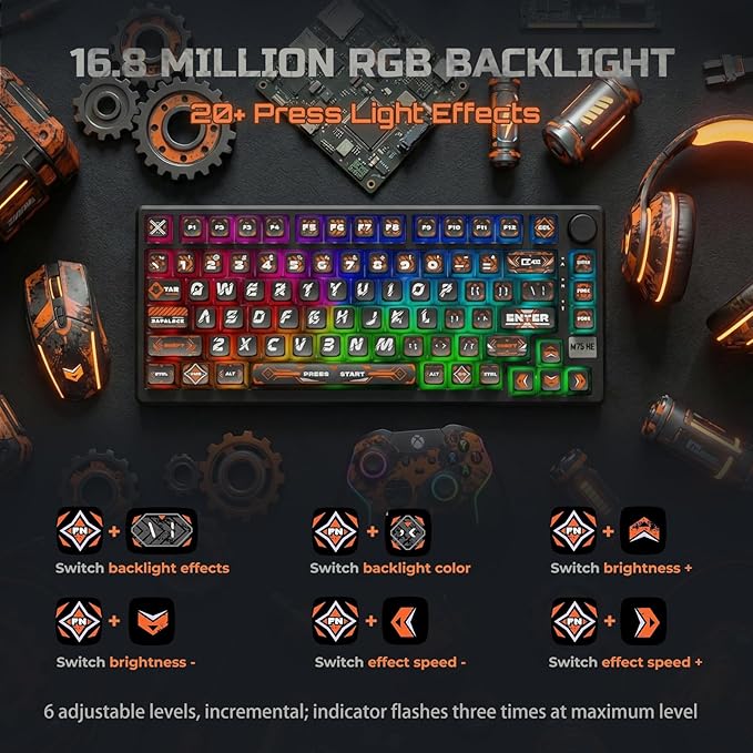 RK ROYAL KLUDGE 75% HE Mechanical Gaming Keyboard Wired Hall Effect Magnetic Compact Keyboard with Rapid Trigger 8000Hz Polling Rate Hot Swappable PCB RGB Backlit PBT Keycaps Volume Knob