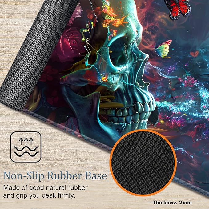 Large Gaming Mouse Pad + Wrist Rest + Lace Coaster Non-Slip Set with Sewn Edges and Waterproof Expandable Desktop Pad Suitable for Office/Home Butterfly and Skull Flowers