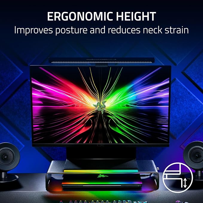 Razer Monitor Stand Chroma: 4 Port Hub - USB A 3.2 USB C 3.2 HDMI 2.0 - Ergonomic Height - Durable Aluminum Supports Up to 44 lbs - Organize Storage Shelf - Remappable RGB Buttons - Chroma RGB