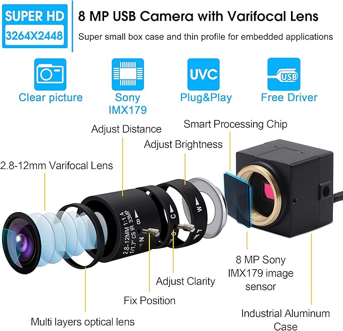 2.8-12mm Varifocal Lens USB Camera 8 Megapixel Webcamera with Image Sensor Webcam Super High Difinition 3264X2448 USB Camera Outdoor Indoor Webcamera for Video Systems