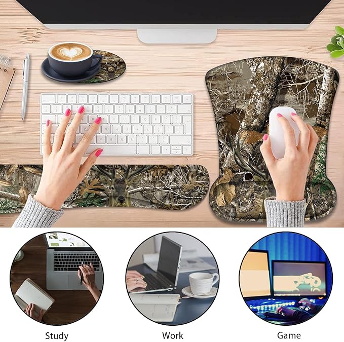 Keyboard Wrist Support + Wrist Mousepad + Coaster Combination Non-Slip PU Base with Gel Memory Mousepad Suitable for Gaming Office Pain Relief Mousepad Set - Camouflage Giraffe