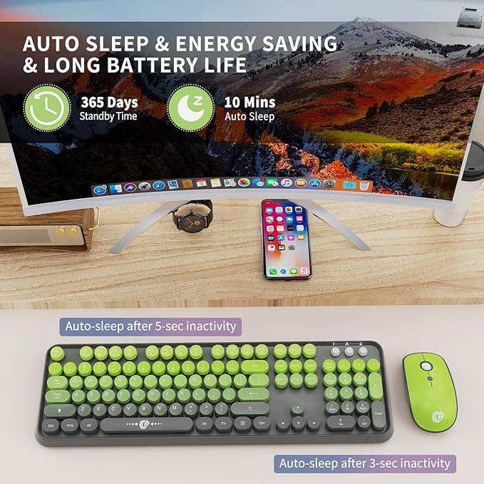 FOPETT Wireless Keyboard and Mouse Combo - 2.4G Full-Sized Cute Colorful Mouse and Keyboard with 104 Round Keys Retro Typewriter Keyboard for Laptop/Windows/PC - Grey Green
