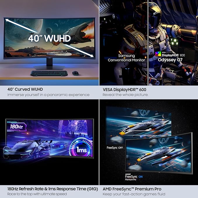 Samsung 40” Odyssey G7 (G75F) WUHD Resolution 180Hz Curved Gaming Monitor 1ms Response Time (GtG) VESA DisplayHDR™ 600 AMD FreeSync™ Premium Pro LS40FG75DENXZA 2025