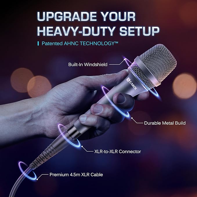 CAROL AC-900 XLR Wired Vocal Microphone – Dynamic Supercardioid Mic with Dual-Engine AHNC Noise Cancelling Tech for Singing Karaoke Stage &amp Studio Includes Mic Clip &amp 14.8ft XLR Cable - Gra