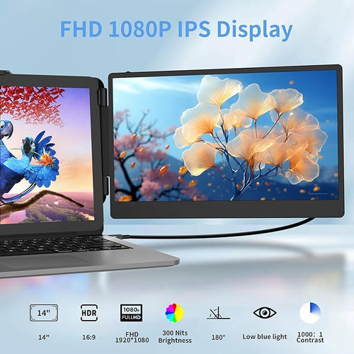 14 Laptop Screen Extender FHD 1080P IPS Dual Screen Laptop Monitor Extender Portable Monitor for Laptops 13-17.3 Compatible with Win/Mac/Android/Switch