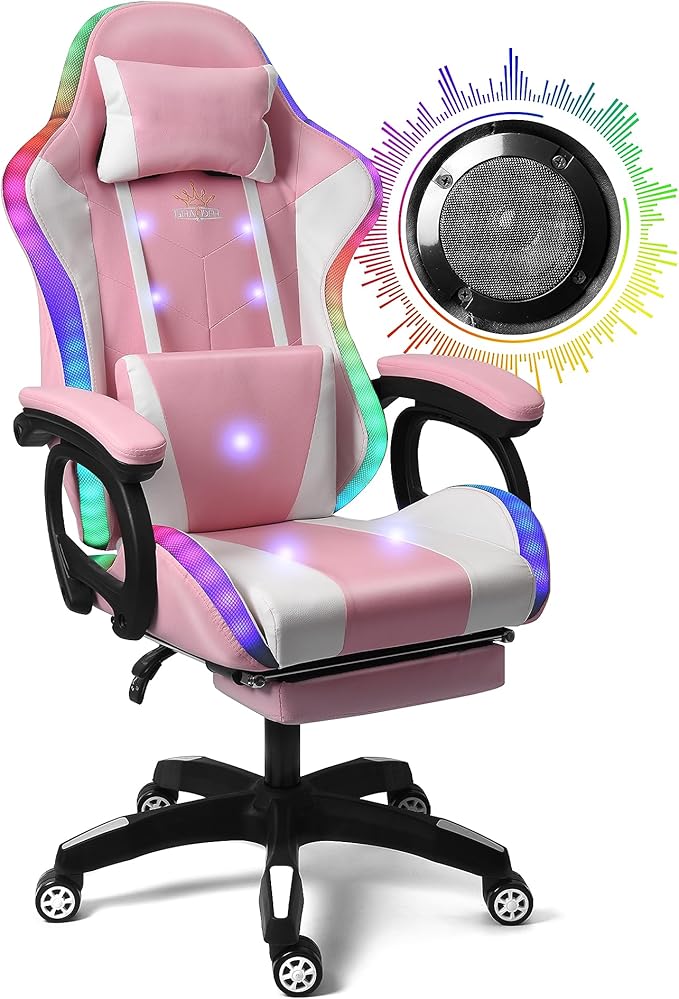 Enhance Your Gaming Experience with Our Ergonomic Reclining Gaming Chair with RGB LED Lights Massage and Dual Speakers - Perfect for Adults Teens and Kids! (Pink + White)