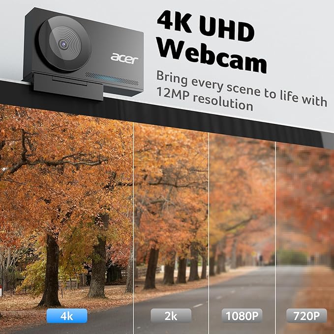 acer 4K Webcam for PC/Mac with All-Metal Unibody Sculpted Sony 1/2 Sensor PDAF 2 Noise Reduction Mics Privacy Cover Lightweight Fast Cooling Streaming Camera for Live Meeting Commerce Gaming