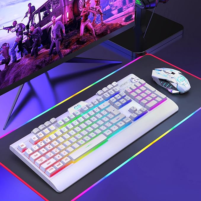 H8 Wireless Gaming Keyboard and Mouse Combo LED Backlit Rechargeable 3800mAh Battery Mechanical Feel Anti-ghosting Keyboard with Wrist Rest + 7D 3200DPI Mice for Windows Mac PC Laptop