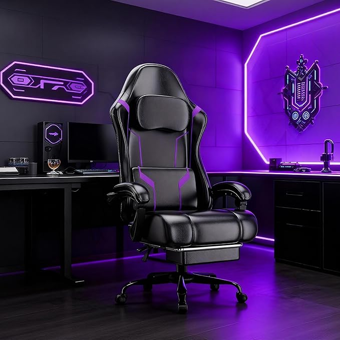 Ergonomic Gaming Chair Video Game Chair with Pocket Spring Cushion and Footrest Height Adjustable Computer Chair with Swivel Seat and Headrest (Purple)