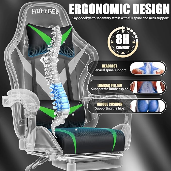 Gaming Chair with Massage Ergonomic Computer Chair with Footrest and Lumbar Support Reclining PC Game Chair for Boys with Adjustable Armrest and Headrest Green