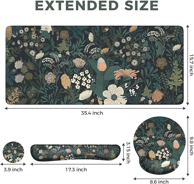 iCasso Desk Cover Mat 4in1 Floral Large Mouse Pad with Wrist Rest Desk Matt for Desktop Anti-Slip XXL Big Computer Ergonomic Mousepad with Wrist Support for Keyboard and Mouse (Weeds)