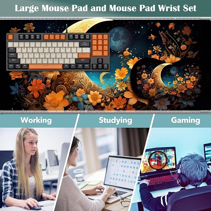 Large Game Mouse Pad + Wrist Support Pad + Coffee Coaster Desk Pad with Sewn Edges Anti-Slip Set pad Suitable for Office Work and Home - Flowers Moon Star