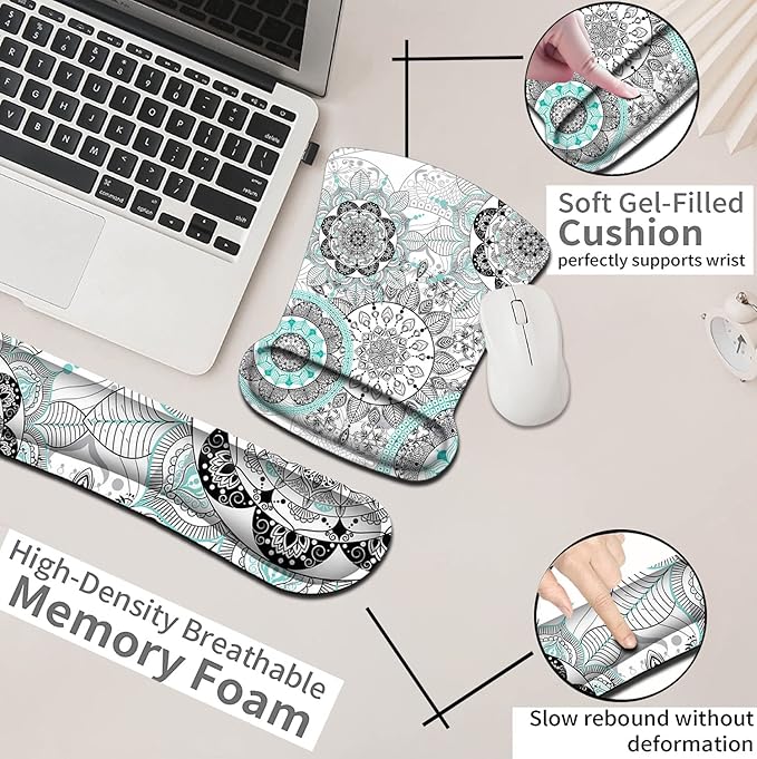 Mouse Pad with Wrist Support Ergonomic Gel Mouse Pad White Mandala Flowers Non-Slip and Durable Memory Foam Keyboard Wrist Rest Suitable for Office Typing Games Non-Slip and Durable