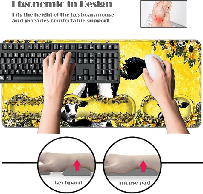 Ergonomic Keyboard Wrist Rest &amp Mouse Pad Wrist Rest SetXL Gaming Desk Mat 31.5x 11.8Non-Slip BaseMemory FoamEasy Typing Pain Relief for Office &amp HomeCow with Sunflower Crown