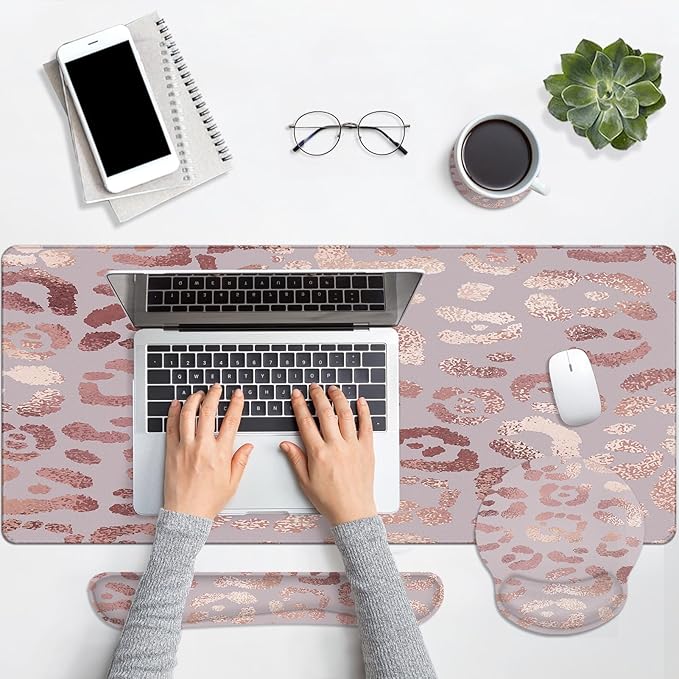 Arttown Leopard Rose Gold Pink Desk Mat Animal Skin Mouse Pad Set with Wrist Support 4-in-1 Large Mousepad+Keyboard Wrist Rest+Mouse Wrist Rest+Coaster with Ergonomic Design Non-Slip Mat