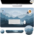 Arttown Mountains Wood Pine Desk Mat Blue Painting Mouse Pad Set with Wrist Support 4-in-1 Large Mousepad+Keyboard Wrist Rest+Mouse Wrist Rest+Coaster with Ergonomic Design Non-Slip Mat