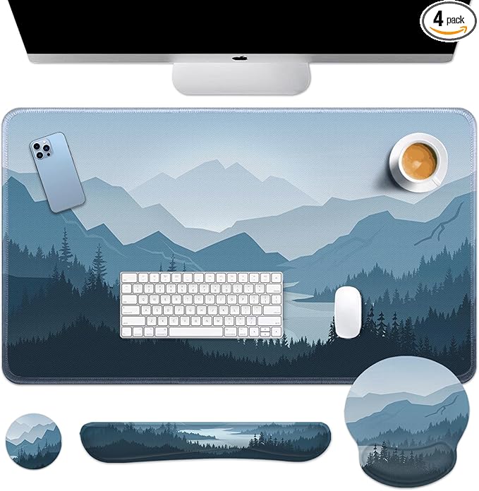 Arttown Mountains Wood Pine Desk Mat Blue Painting Mouse Pad Set with Wrist Support 4-in-1 Large Mousepad+Keyboard Wrist Rest+Mouse Wrist Rest+Coaster with Ergonomic Design Non-Slip Mat