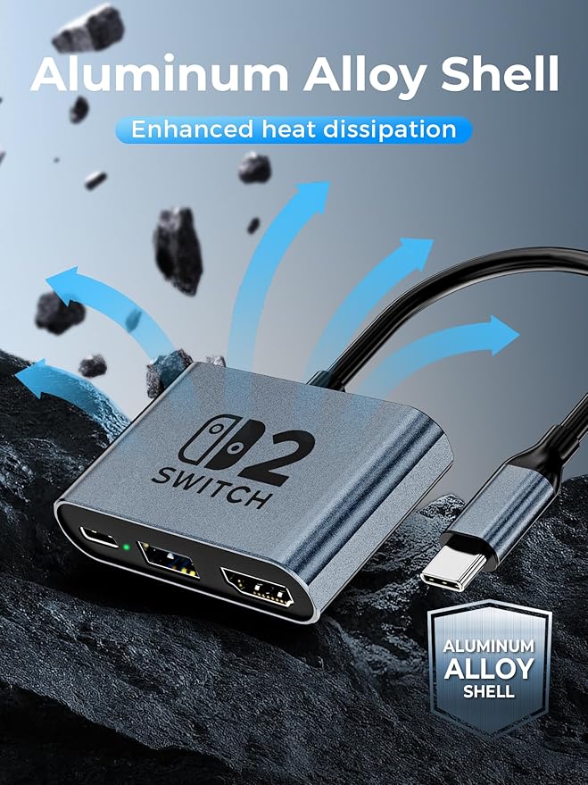 Switch 2 DockPortable USB C Docking Station with 4K@120Hz/PD 100W/USB 3.0 PortAluminum Alloy Travel TV Dock for Switch/Steam Deck/ROG Xbox Ally X/Legion Go 1/2/S