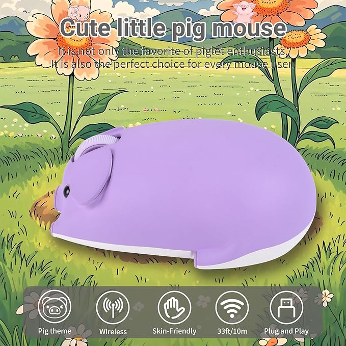 elec Space Cute Pig Design Wireless Mouse Dual Mode Bluetooth &amp USB Mouse Silent Operation Ergonomic Perfect for Laptops &amp PCs Ideal Gift for Animal Lovers and Family(Purple)