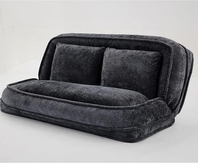 Floor Chair with Back Support Human Dog Bed Folding Loveseat with 5 Adjustable Position 2 Back Cushions Chenille Meditation Gaming Chair for Lazy Boys Living Room Lounge Bedroom Black