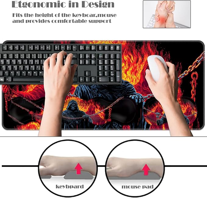 Ergonomic Keyboard Wrist Rest &amp Mouse Pad Wrist Rest SetXL Gaming Desk Mat 31.5x 11.8Non-Slip BaseMemory FoamEasy Typing Pain Relief for Office &amp HomeSkull with Flames