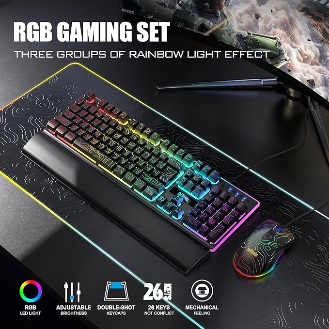 RedThunder K10 Wired Gaming Keyboard &amp Mouse Combo with Wrist Rest Adjustable RGB Mechanical Feel Anti-ghosting Keyboard + 7D 7200 DPI Mouse+Soft Leather Wrist Rest for PC Gamers (Black Lines)