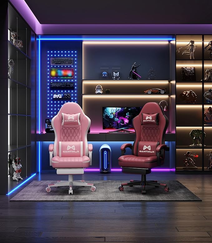 Gaming Chair with Footrest Ergonomic Computer Chair PU Breathable Material with Headrest and Lumbar Support Suitable for Silla Gamer and Adults(Pink)