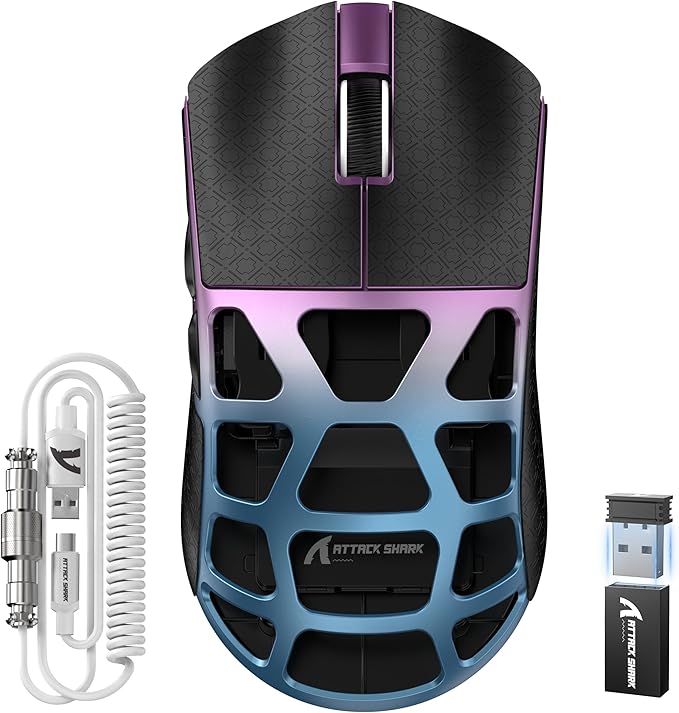 FELICON x Attack Shark R3 Magnesium Alloy Wireless Gaming Mouse 46g Ultra-Lightweight Skeletal Shell PAW3395 26K DPI 8K Polling Tri-Mode 2.4G/BT/Wired for PC Mac Laptop - Purple &amp Griptape