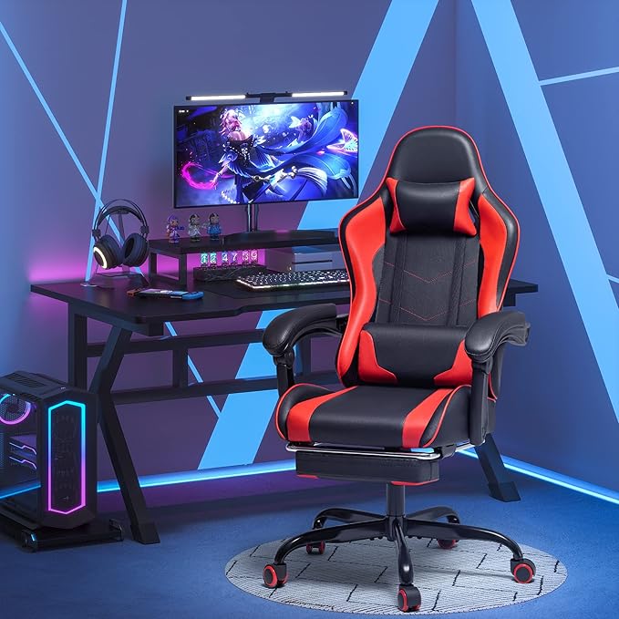 Homall Gaming Chair Video Game Chair with Footrest and Massage Lumbar Support Ergonomic Computer Chair Height Adjustable with Swivel Seat and Headrest (Red)