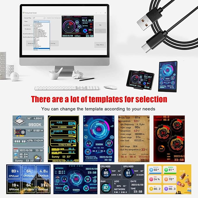 Sanpyl Computer Temp Monitor 5Inch Full Viewing Angle USB Temperature Display Screen for PC Computer Case Secondary Screen PC CPU GPU Data Monitor