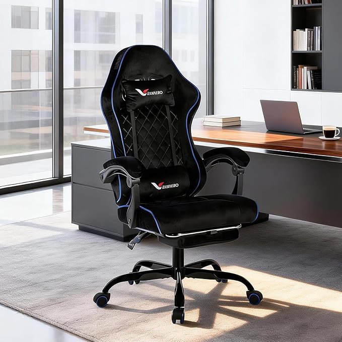 Velvet Gaming Chair for Adults with Pocket Spring Cushion SeatSoft Gaming Chair Fabric with Extendable Footrest Swivel Recliner with Ergonomic Lumbar Support and Headrest for Home/Office(Blue)