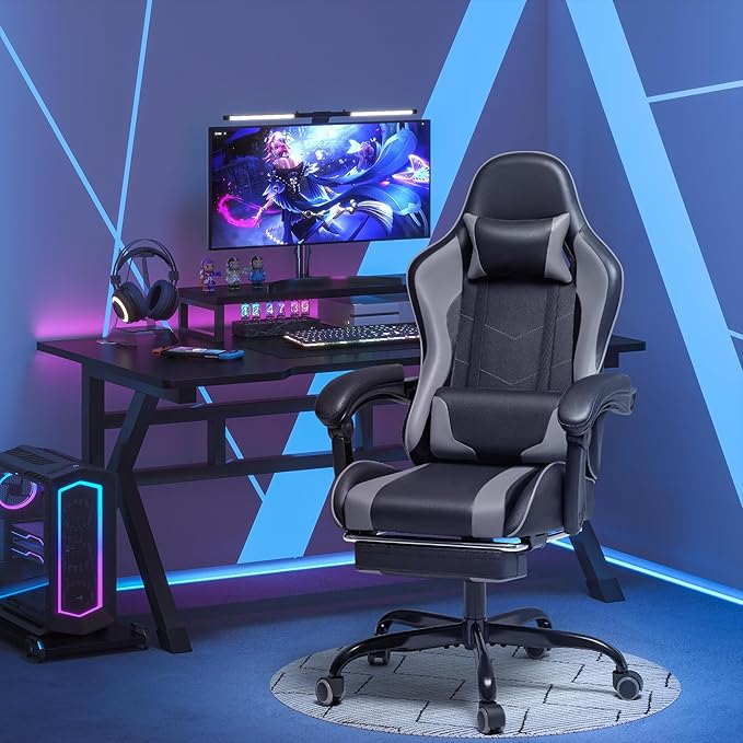 Homall Gaming Chair Video Game Chair with Footrest and Massage Lumbar Support Ergonomic Computer Chair Height Adjustable with Swivel Seat and Headrest (Grey)