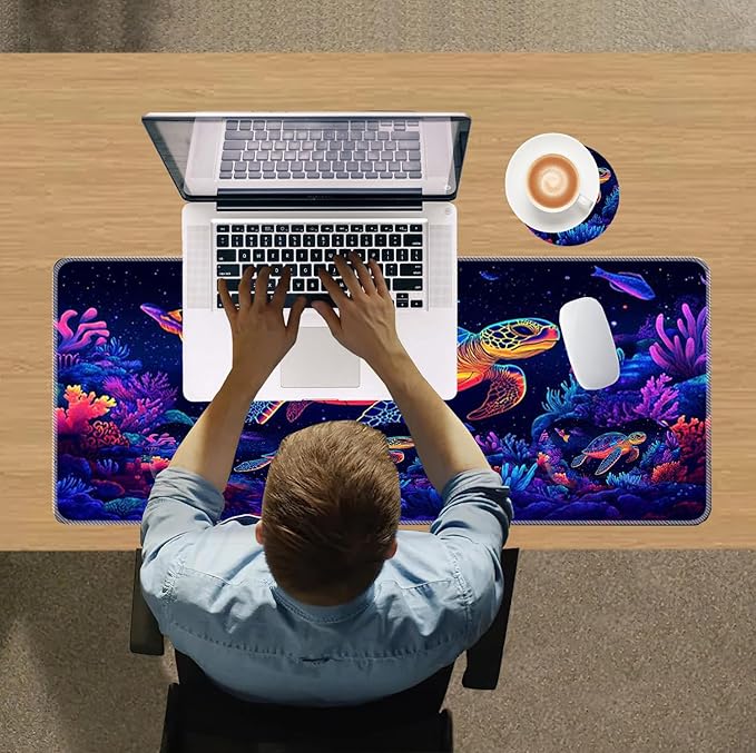 Large Mouse Pad Wrist Support SetDesk Pad+Keyboard Wrist Rest+Mouse Pad Wrist Support+Coaster4in1 XXL Big MousepadErgonomic Design Gaming Mat for Home Office TableSea Turtles