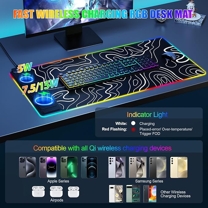 Mouse Pad with Foldable Phone Holder Wireless Charging Desk Mat RGB Gaming Mousepad Large Desk Pad with Non-Slip Base Waterproof Keyboard Pad Classic Black (XXL Stand Topographic)