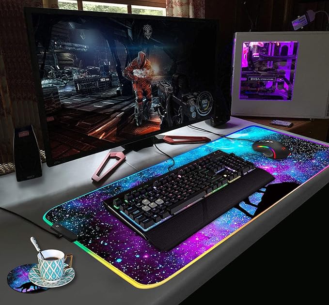RGB Gaming Mouse Pad with Coffee Coaster XXL Large Glowing LED Mousepad Anti-Slip Rubber Base Computer Keyboard Desk Mouse Mat 31.5 X 11.8 Inch - Blue Galaxy Nebula Wolf
